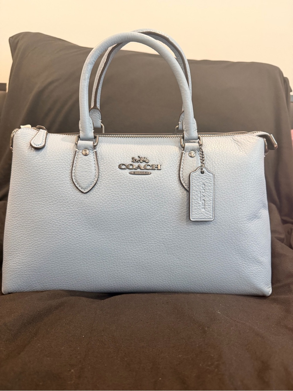 Coach Georgia Pebbled Leather Satchel in Cornflower (light blue)